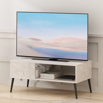 Claude Mid Century Style TV Stand for TV up to 40 with Wood Legs, Marble White