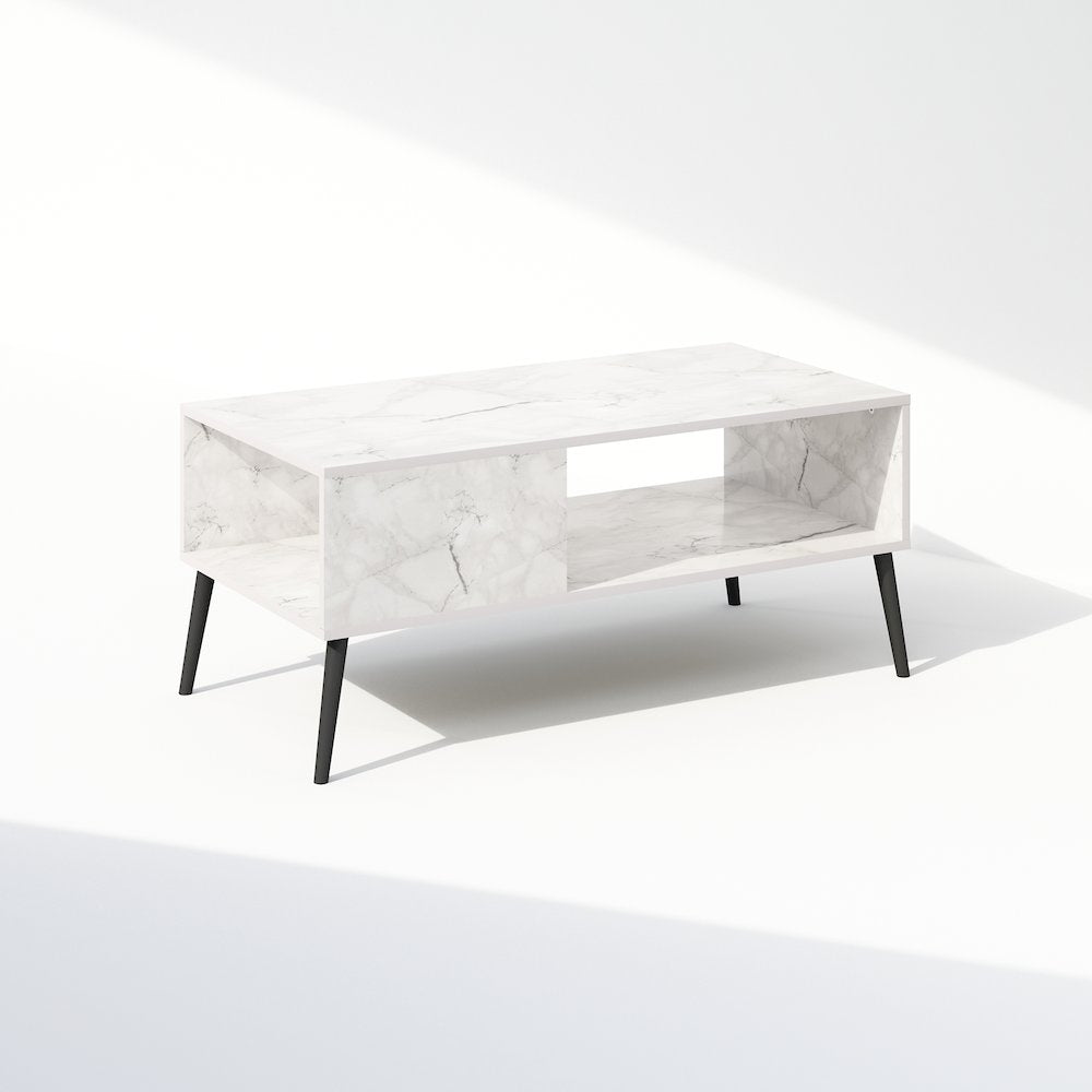 Claude Mid Century Style TV Stand for TV up to 40 with Wood Legs, Marble White