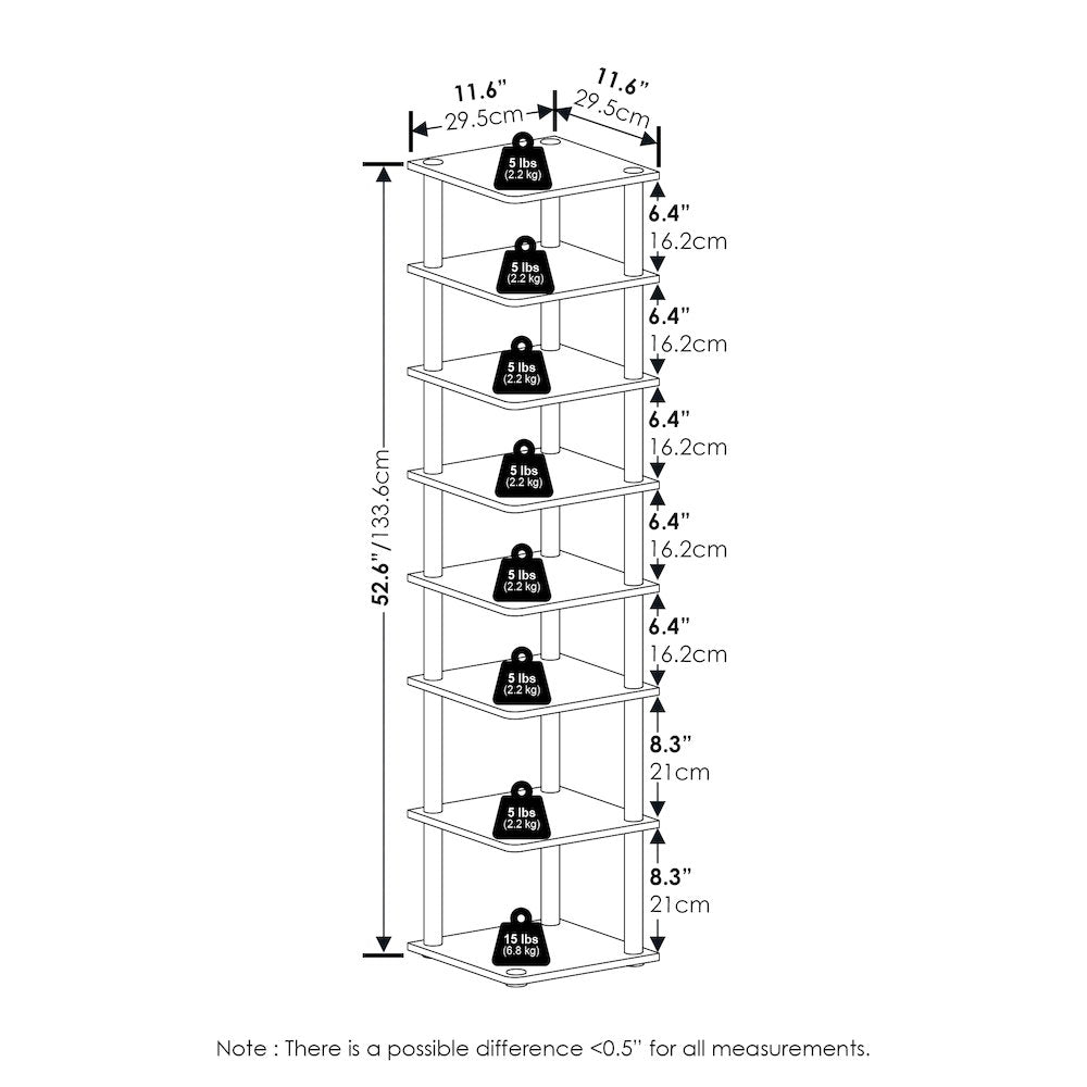 8-Tier Vertical Space Saving Free Standing Shoe Tower, Shoe Rack