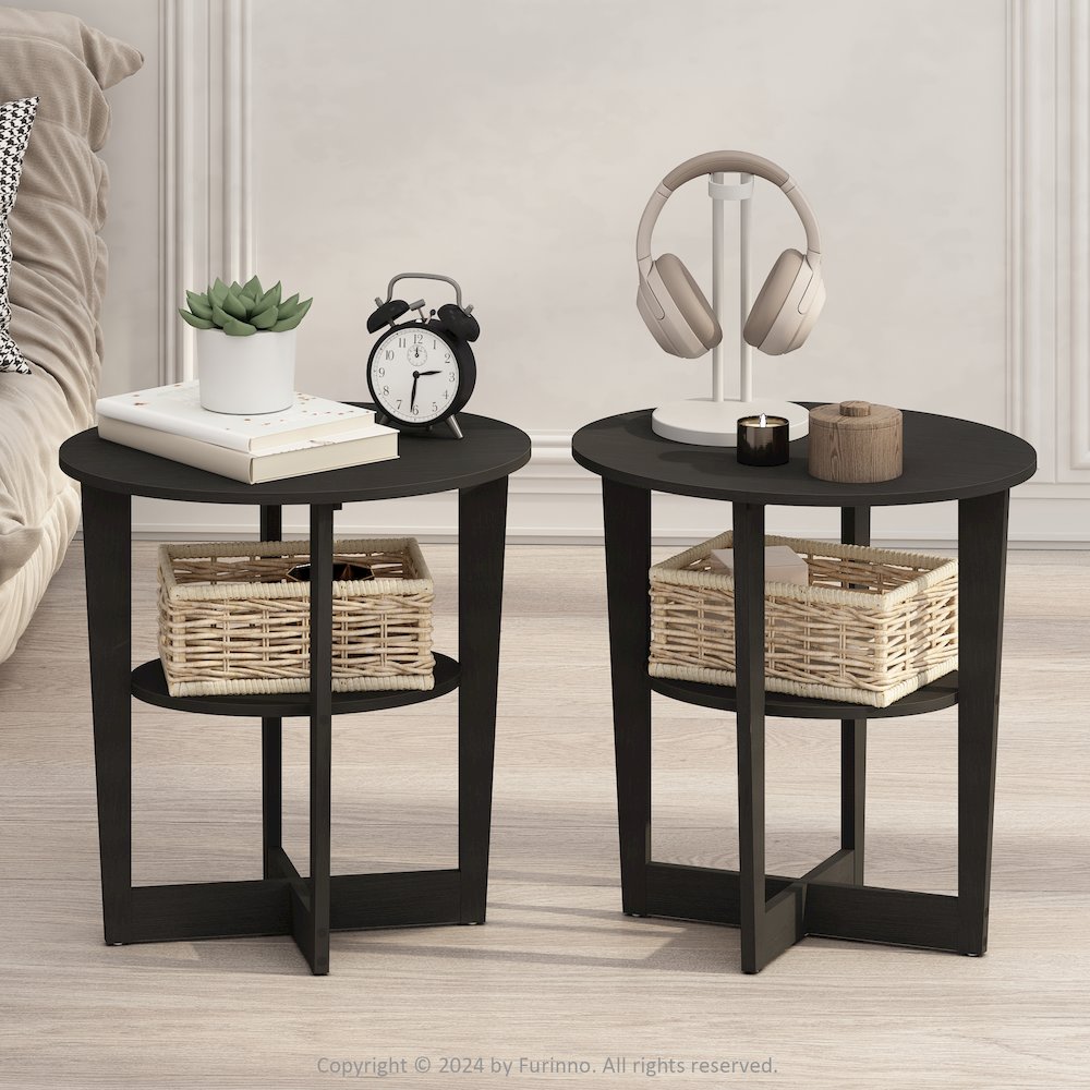 Tidur Oval Nightstand, Bedside Table with Open Shleves, Walnut, Set of 2