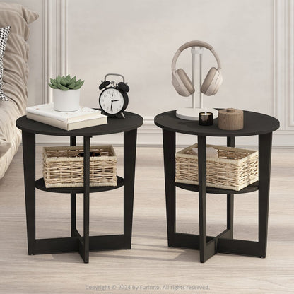 Tidur Oval Nightstand, Bedside Table with Open Shleves, Walnut, Set of 2