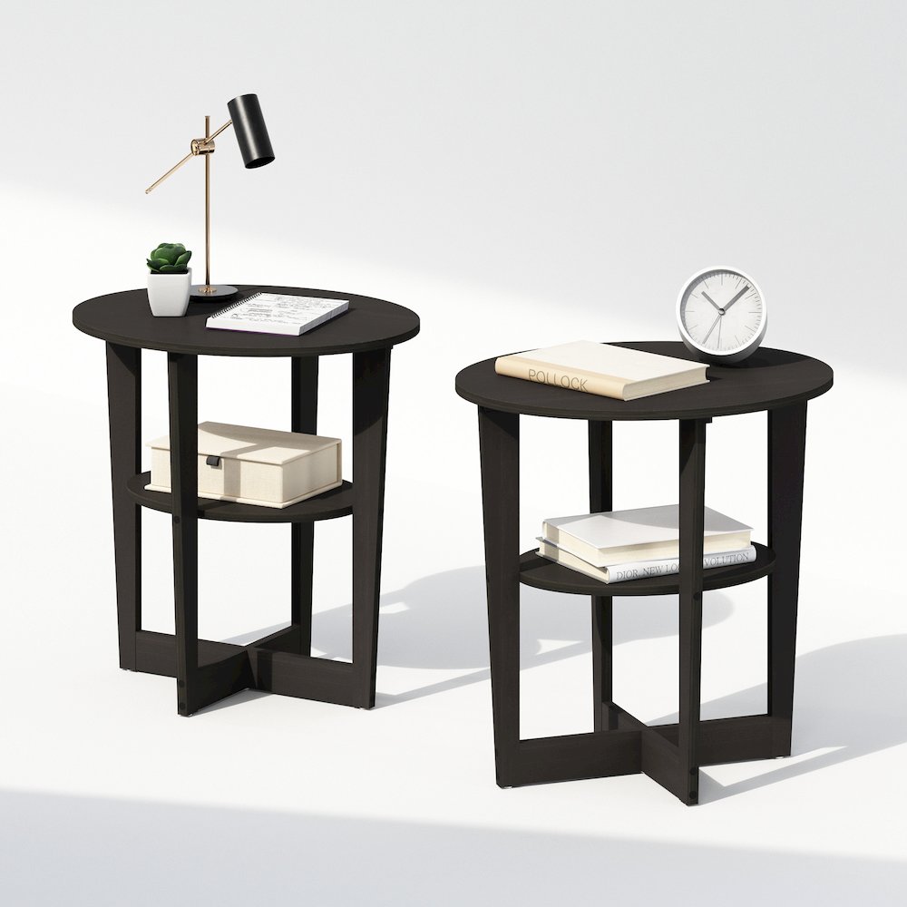 Tidur Oval Nightstand, Bedside Table with Open Shleves, Walnut, Set of 2