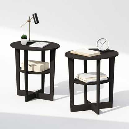 Tidur Oval Nightstand, Bedside Table with Open Shleves, Walnut, Set of 2