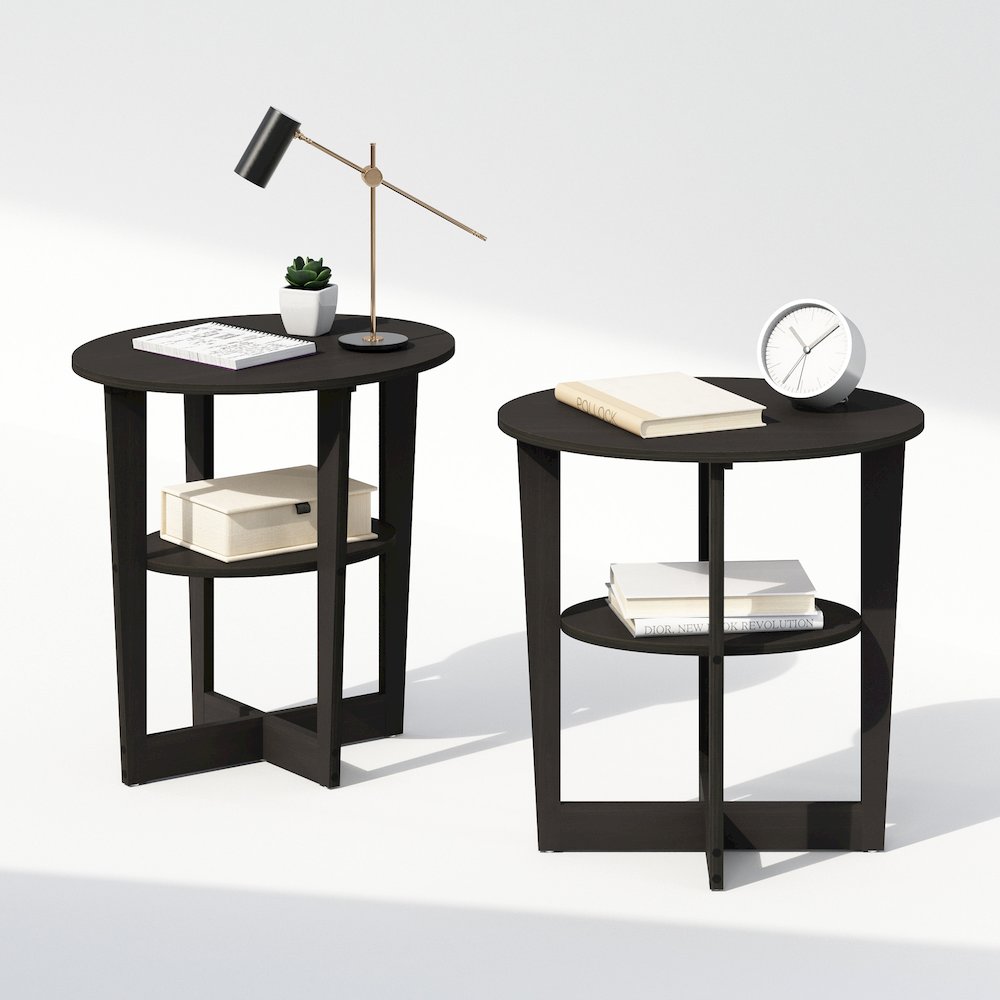 Tidur Oval Nightstand, Bedside Table with Open Shleves, Walnut, Set of 2