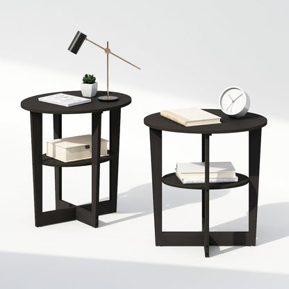 Tidur Oval Nightstand, Bedside Table with Open Shleves, Walnut, Set of 2