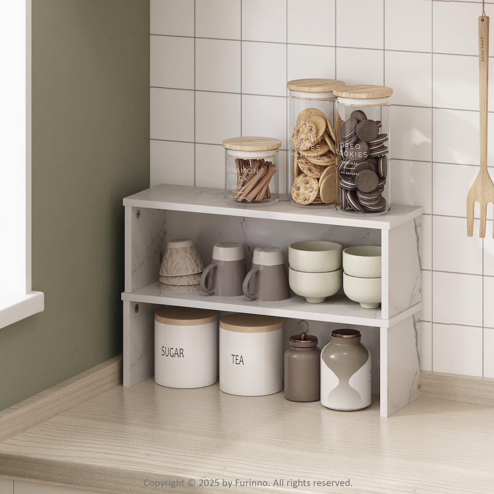 18-Inch Kitchen Counter Stackable Organizer Shelf, Light Marble, Set of 2