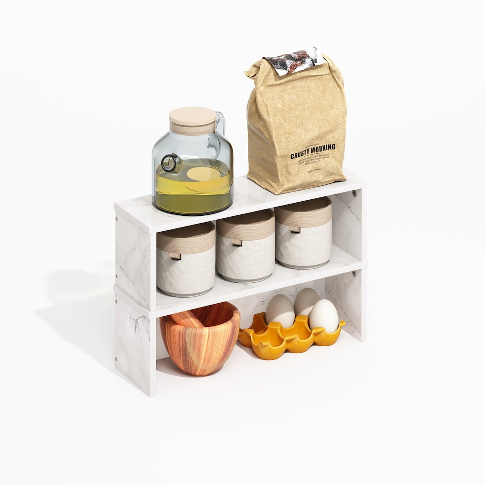 18-Inch Kitchen Counter Stackable Organizer Shelf, Light Marble, Set of 2