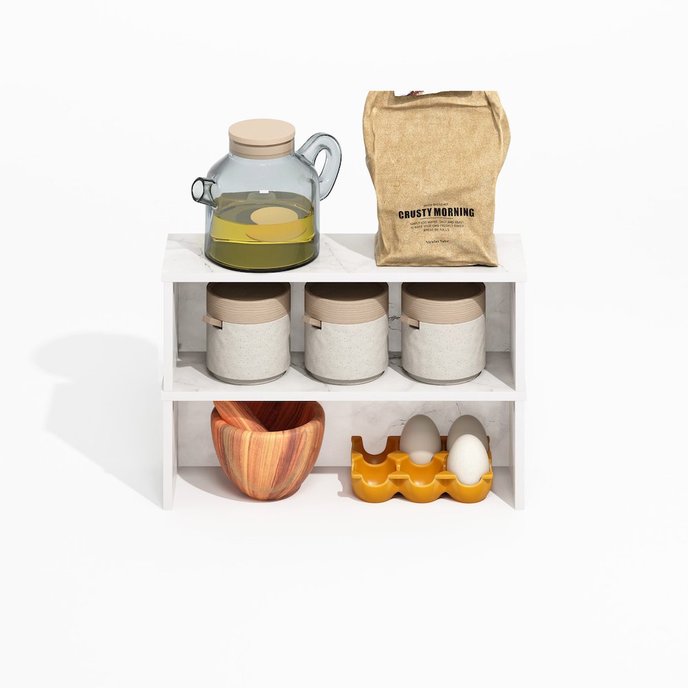 18-Inch Kitchen Counter Stackable Organizer Shelf, Light Marble, Set of 2