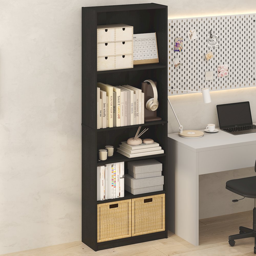 JAYA Simply Home Adjustable Shelf Bookcase, 5-Tier, Darkwood