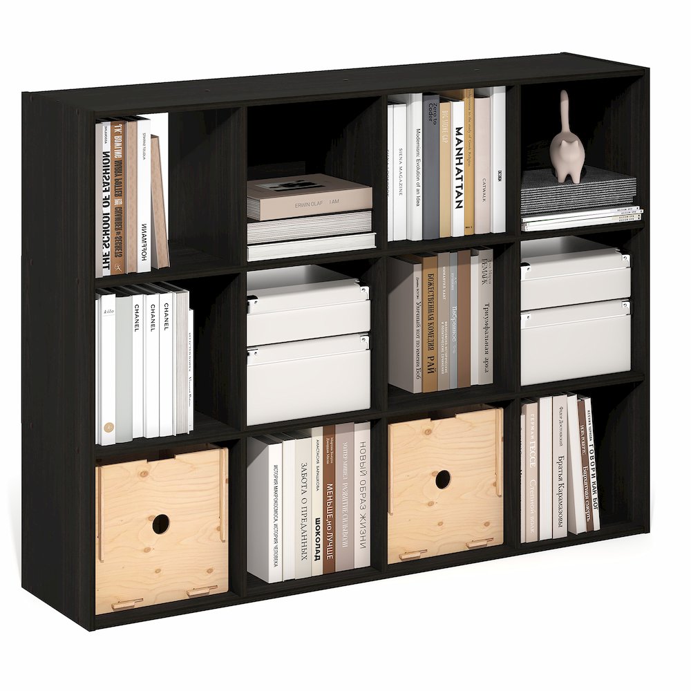 PELLI Book Shelf, 12-Cube Bookshelf, Cube Storage Organizer Bookcase, Espresso