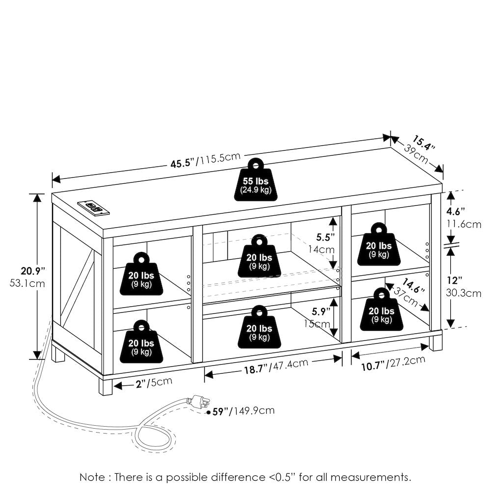 3-Tier Entertainment Center for TV up to 55 Inch with USB Ports & Power Outlets
