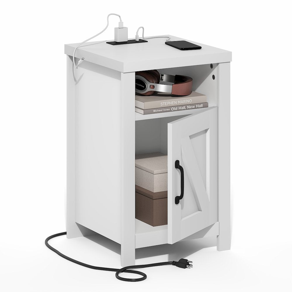 Night stand with Charging Station, Door, USB Ports and Outlets, White