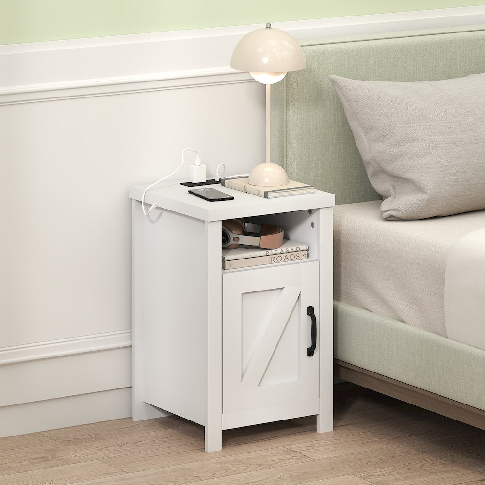 Night stand with Charging Station, Door, USB Ports and Outlets, White