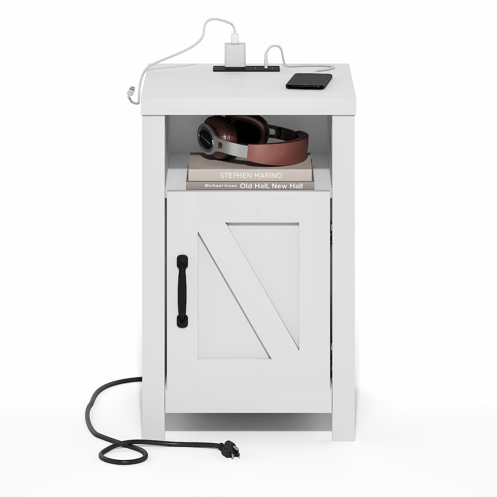 Night stand with Charging Station, Door, USB Ports and Outlets, White