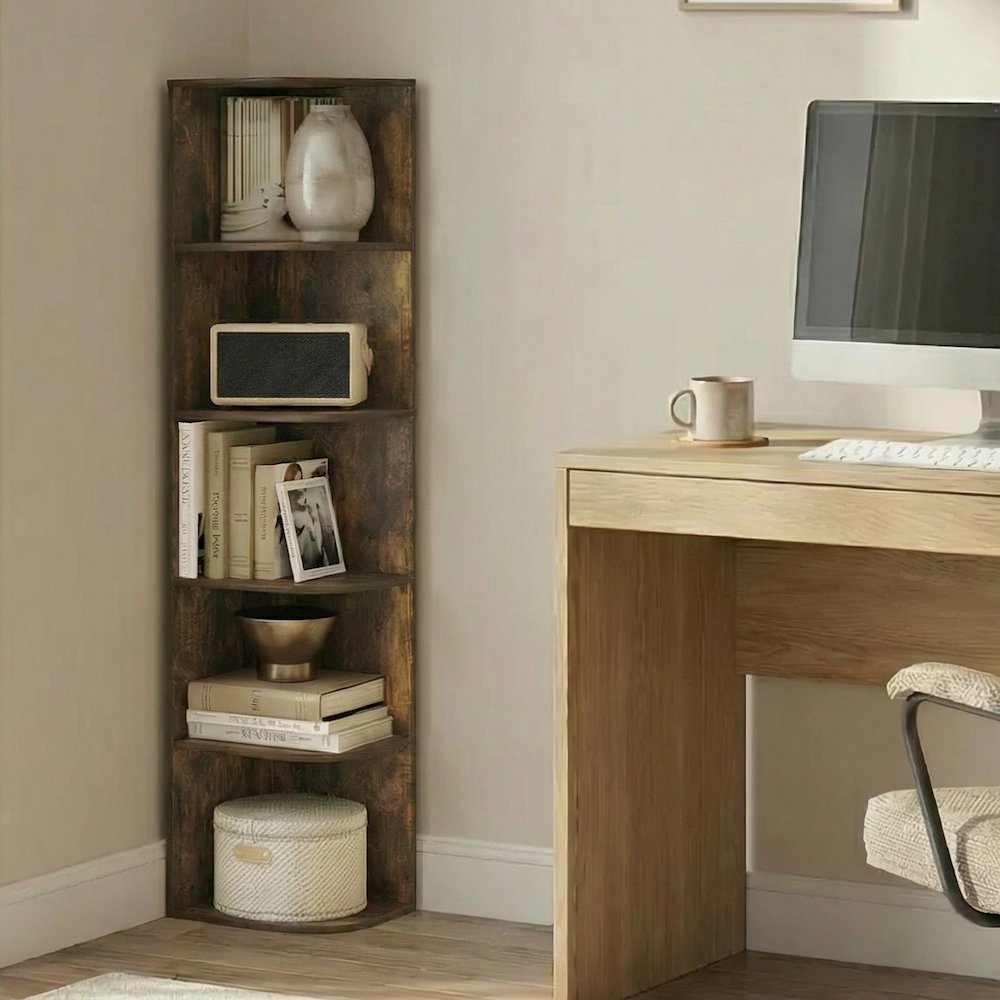 PASIR Book Shelf, 5-Tier Corner Bookshelf with Open Shelf, 9.3 x 12 x 51.7