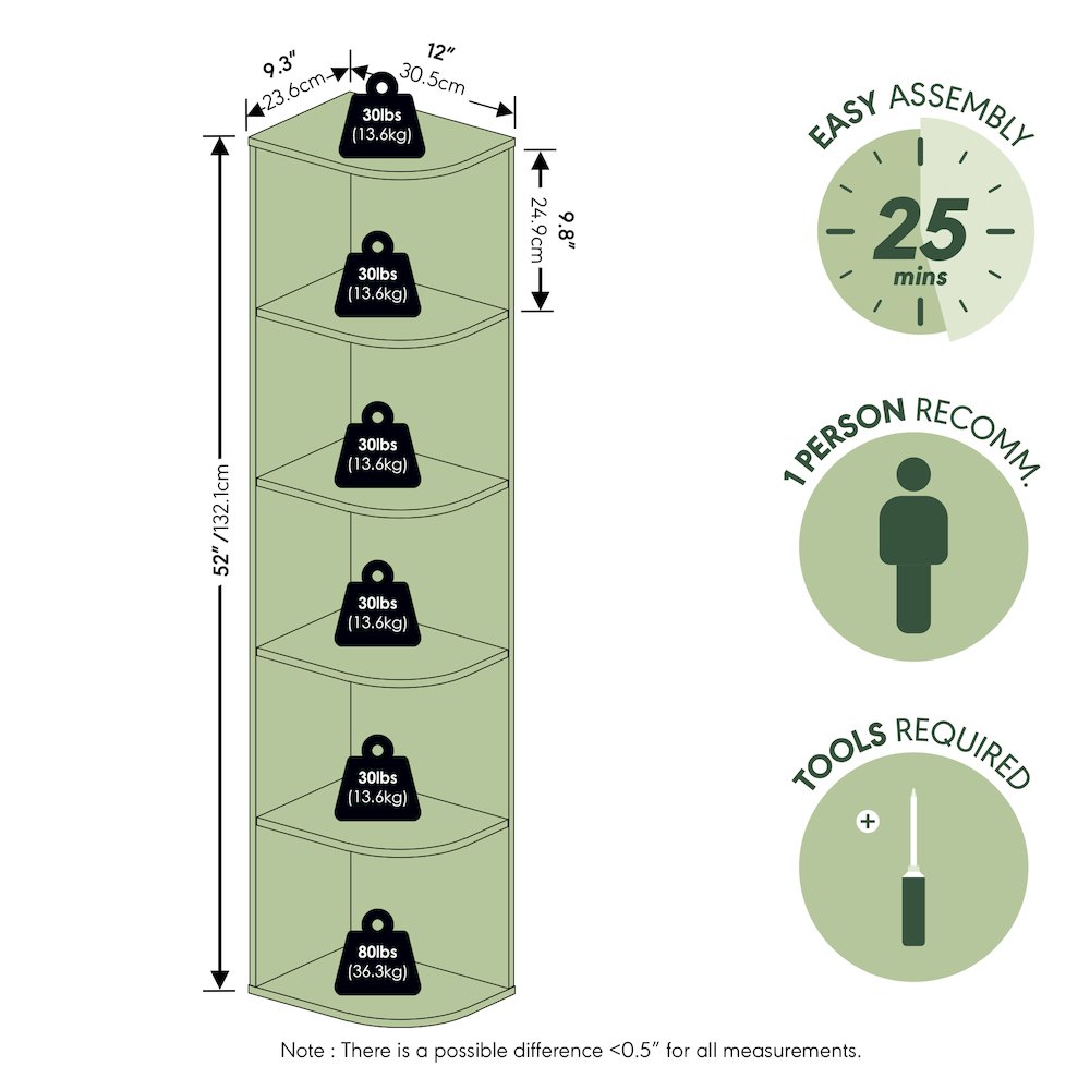 PASIR Book Shelf, 5-Tier Corner Bookshelf with Open Shelf, 9.3 x 12 x 51.7
