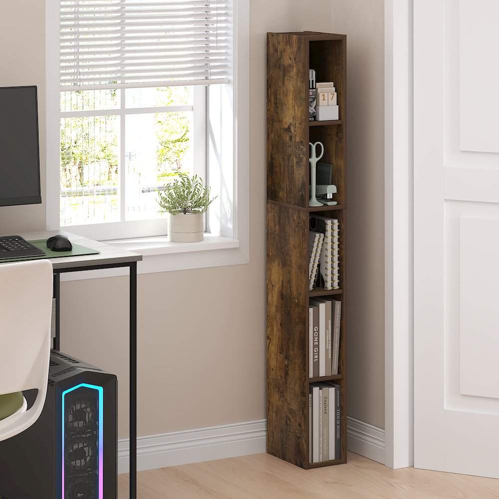 FULDA Book Shelf, 5-Tier Tall Narrow Bookshelf, 9.3 x 5.9 x 51.9