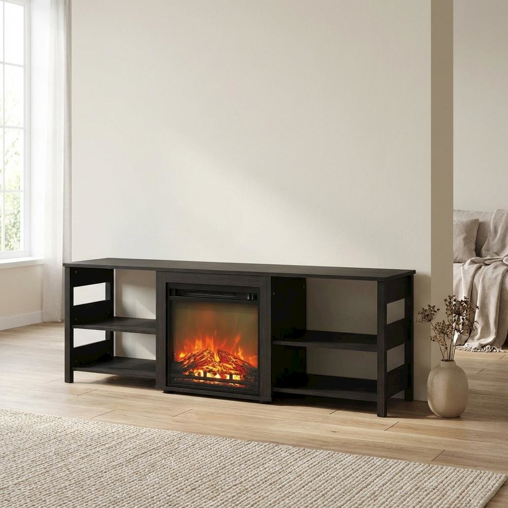 Americano Wood TV Stand with Fireplace and Open Storage