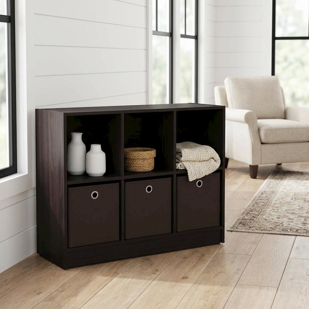 Wooden 3x2 Bookcase with Bins for Organized Storage in Walnut Finish