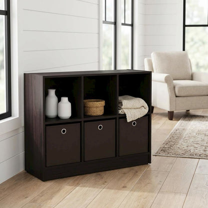 Wooden 3x2 Bookcase with Bins for Organized Storage in Walnut Finish