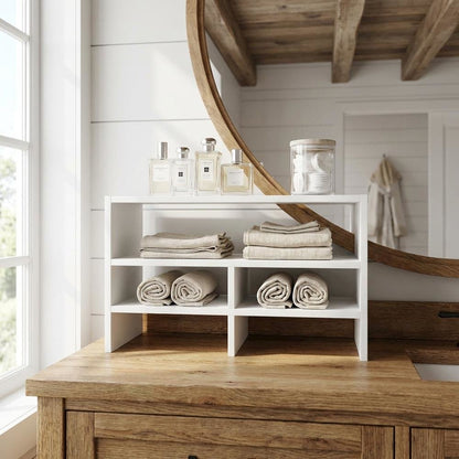 White desk organizing shelf with multi-tier design and sturdy wood construction