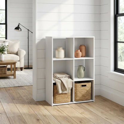 White wood bookcase with open shelves and versatile storage
