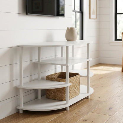 White Corner TV Stand with Solid Rubberwood and Walnut Veneers, Modern Design