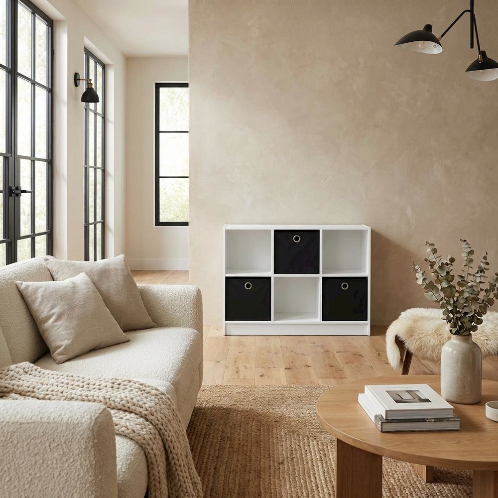 White and Black 3x2 Bookcase with Storage Bins for Organizing and Display