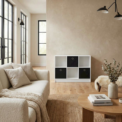 White and Black 3x2 Bookcase with Storage Bins for Organizing and Display
