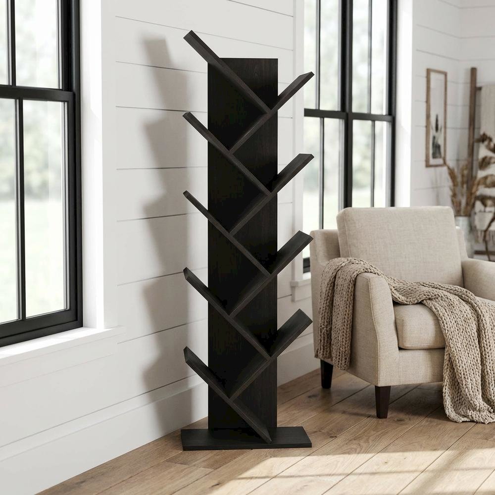 Espresso 9-Tier Floor Bookcase with Wooden Shelving for Storage and Display