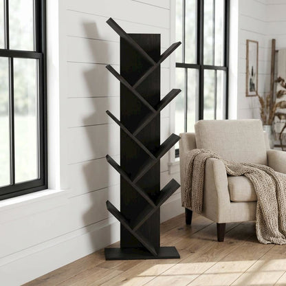 Espresso 9-Tier Floor Bookcase with Wooden Shelving for Storage and Display