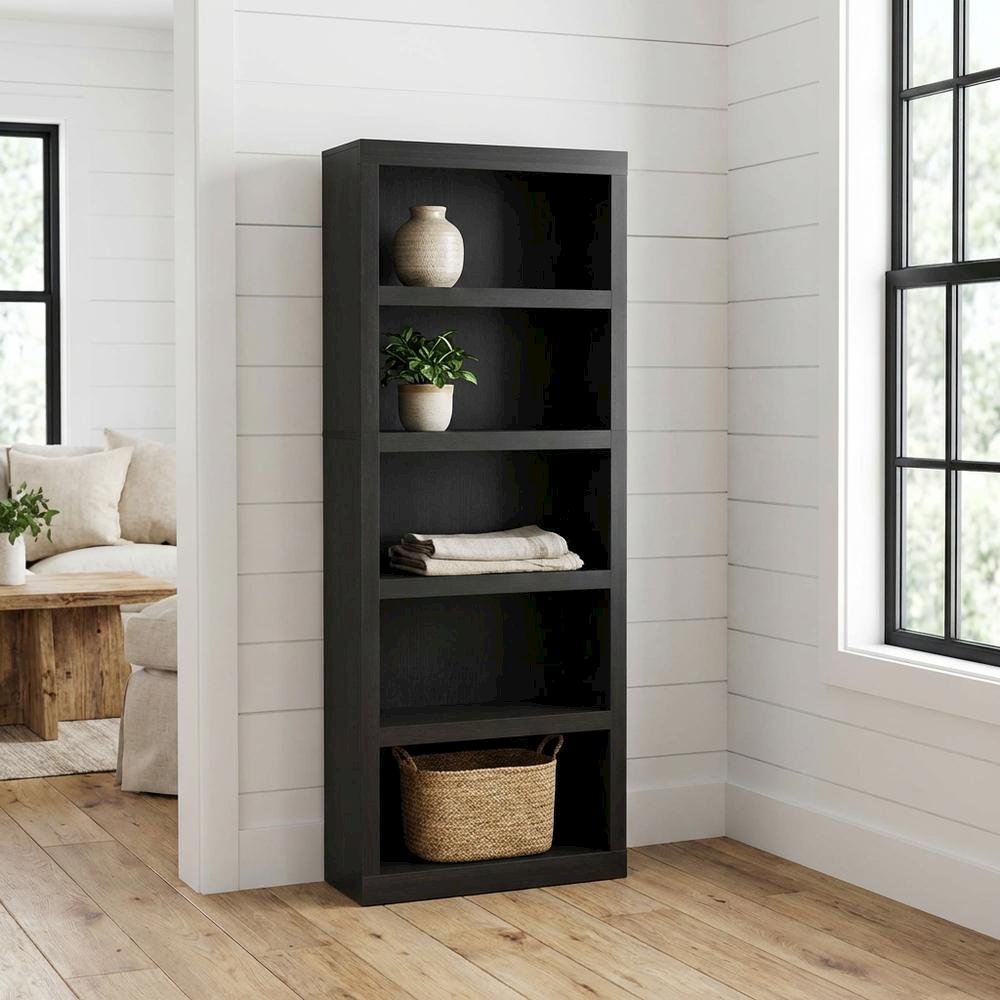 Bookcase in black wood with spacious open shelves for versatile storage