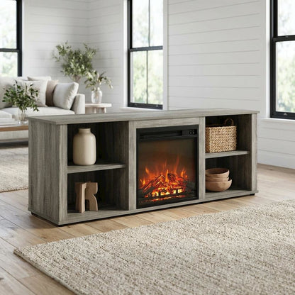 Wood TV Stand with Fireplace and French Oak Grey Finish, Modern Design