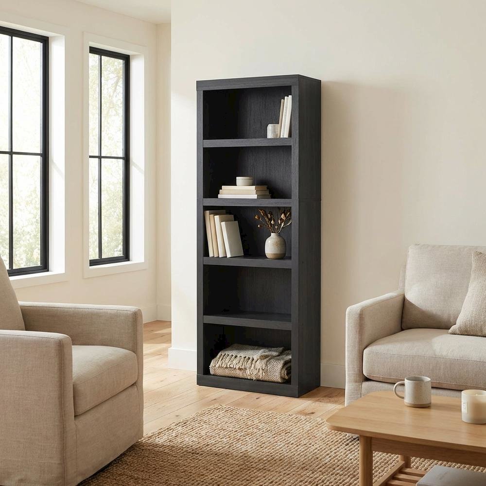 Bookcase in black wood with spacious open shelves for versatile storage