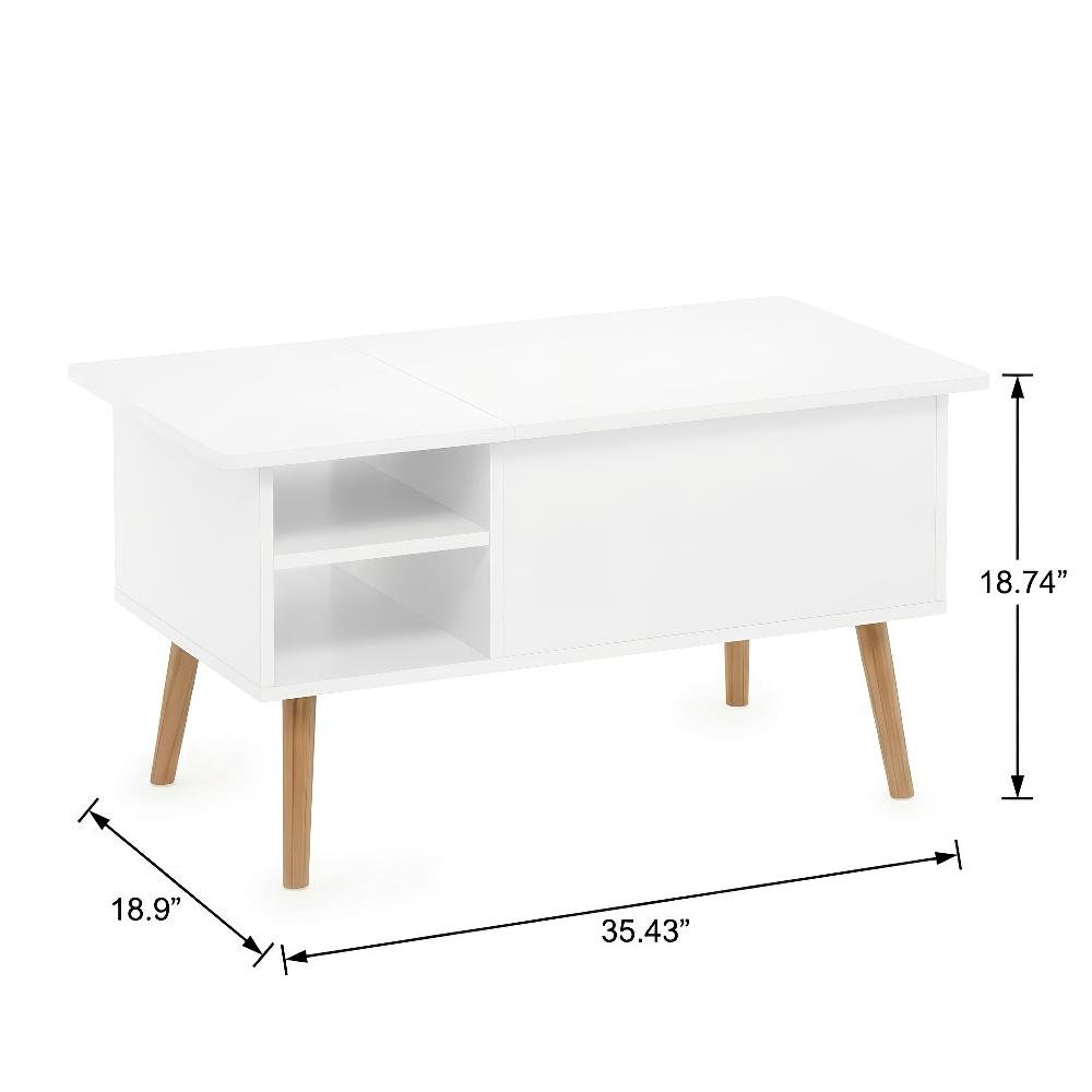 Lift Top Coffee Table Solid White with Wooden Legs and Storage Space