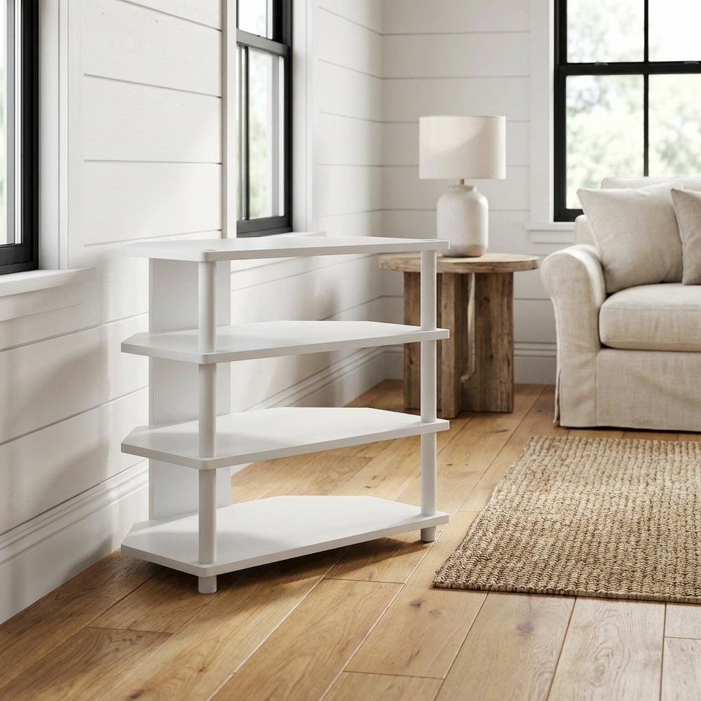 White 4-Tier Petite TV Stand with Easy Assembly and Solid Wood Construction
