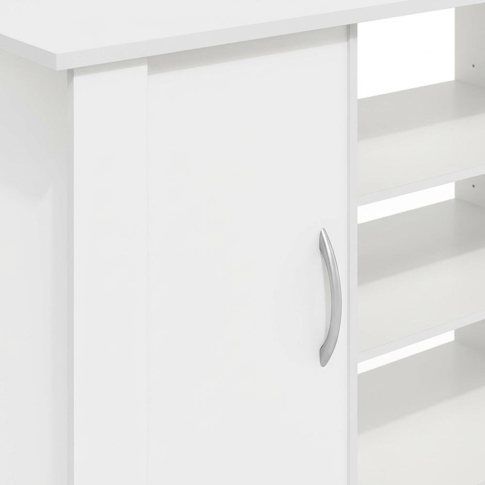 White TV Stand with Wood Finish and Storage Shelves