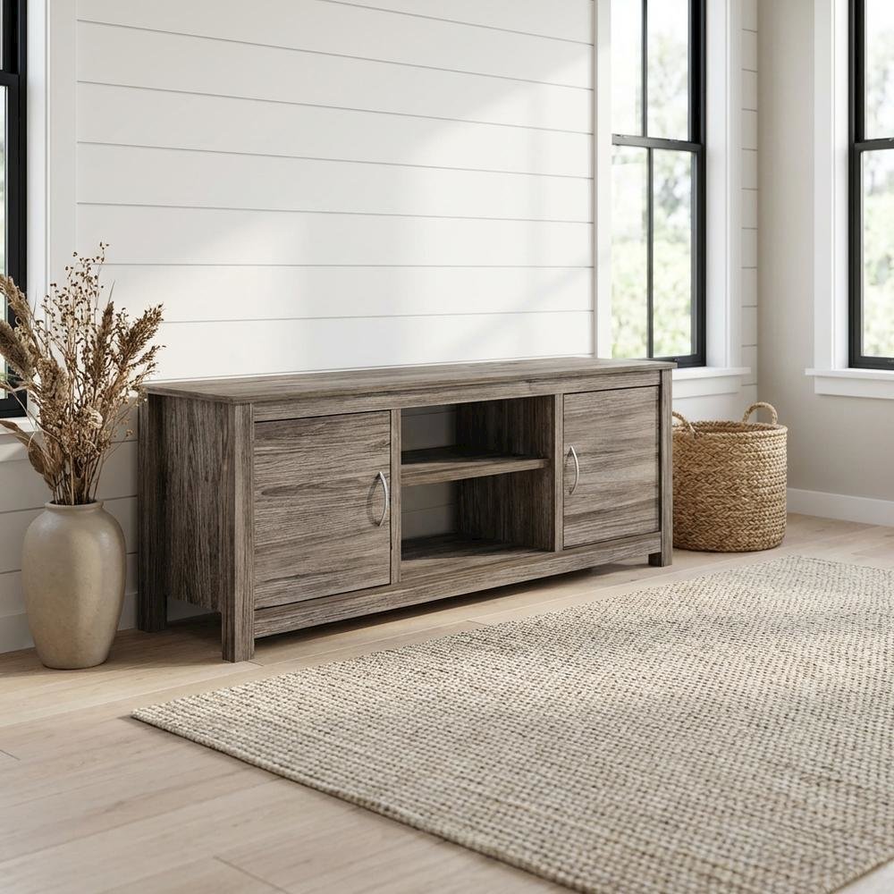 Wooden TV stand with rustic oak finish for up to 65-inch screens, ample storage