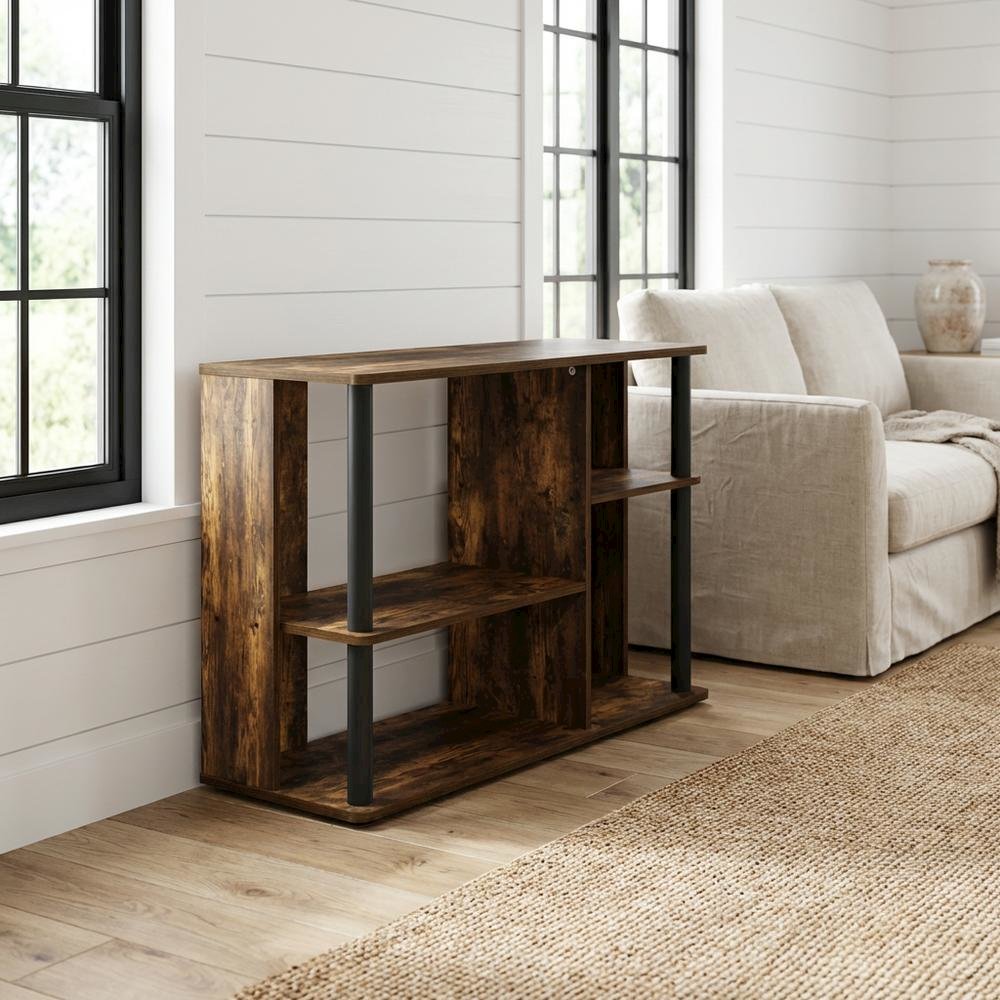 Wooden TV stand with amber pine and black finish, holds up to 40-inch screens