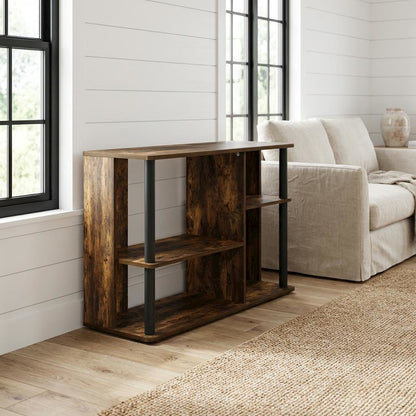 Wooden TV stand with amber pine and black finish, holds up to 40-inch screens
