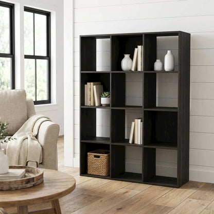 Wooden bookcase with open shelves for home or office storage