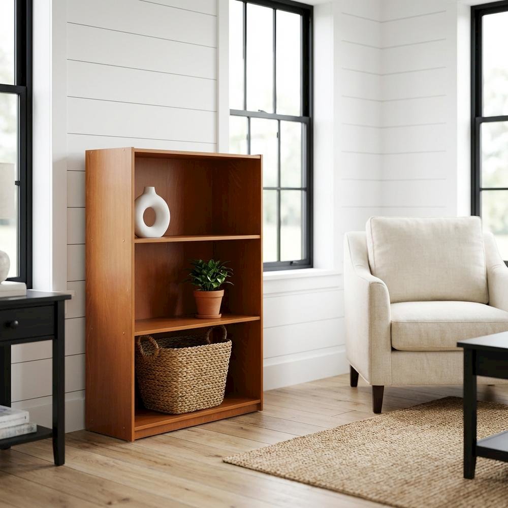 Wooden 3-Tier Bookcase with Light Cherry Finish for Versatile Storage
