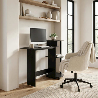 Compact Americano/Black Computer Desk With Shelves For Office Use