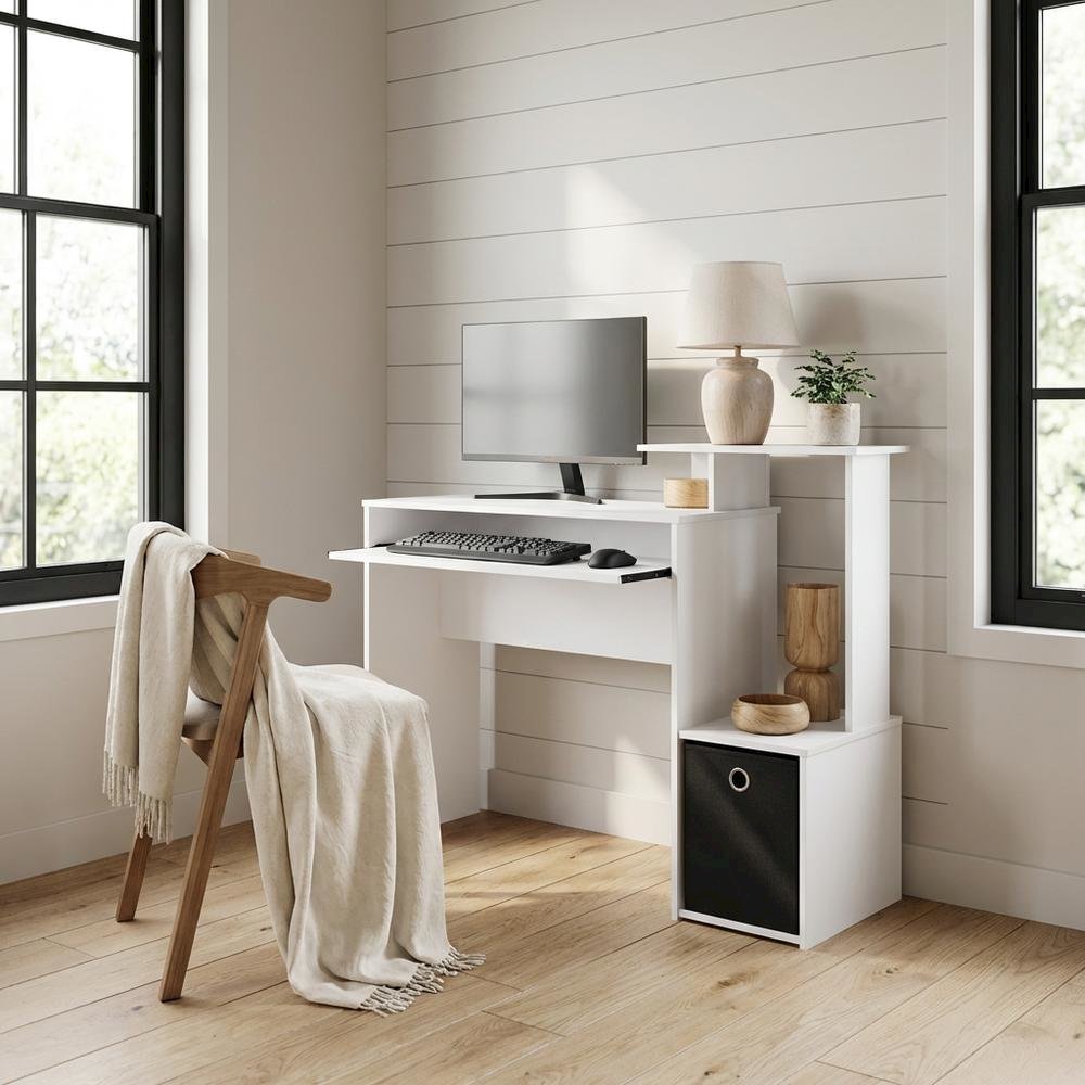 White gaming desk with keyboard tray, side shelves,, storage bin for home office