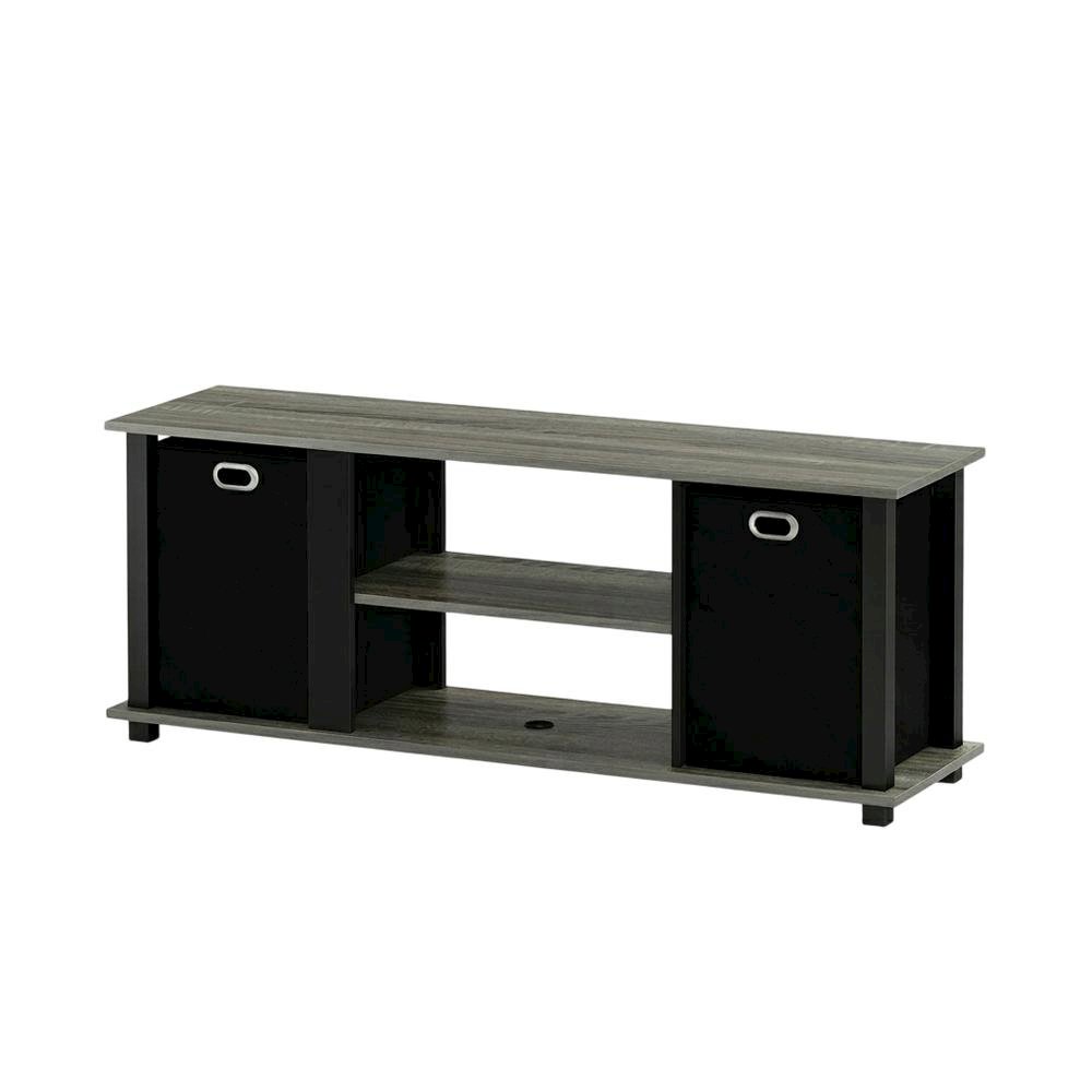 Wood Entertainment Center with Storage Bins in French Oak and Black Finish