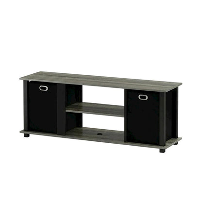 Wood Entertainment Center with Storage Bins in French Oak and Black Finish