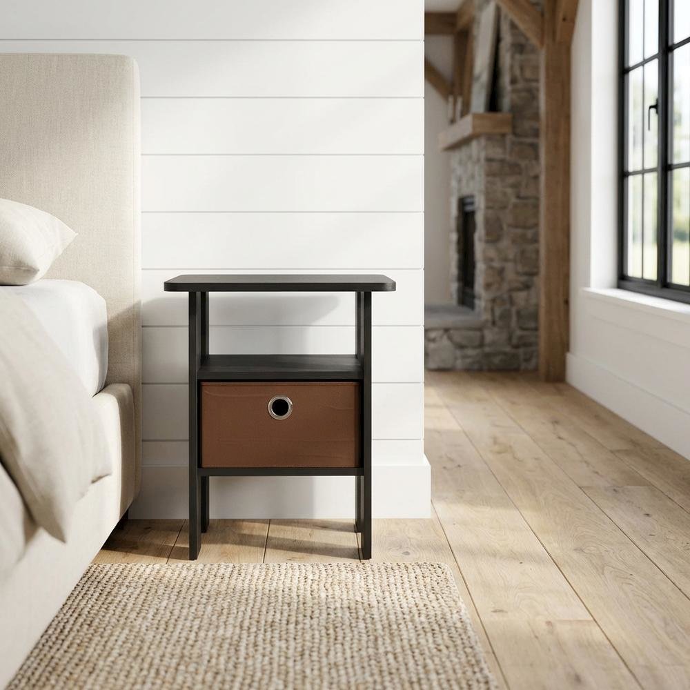 Wood End Table Nightstand with Bin Drawer in Medium Brown