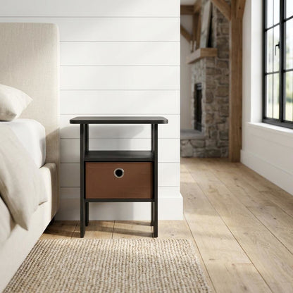 Wood End Table Nightstand with Bin Drawer in Medium Brown