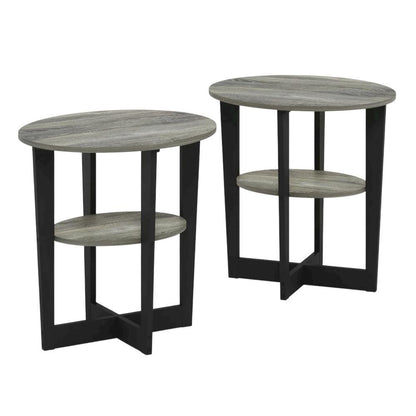 Modern French Oak Grey and Black Oval End Table Set (2)