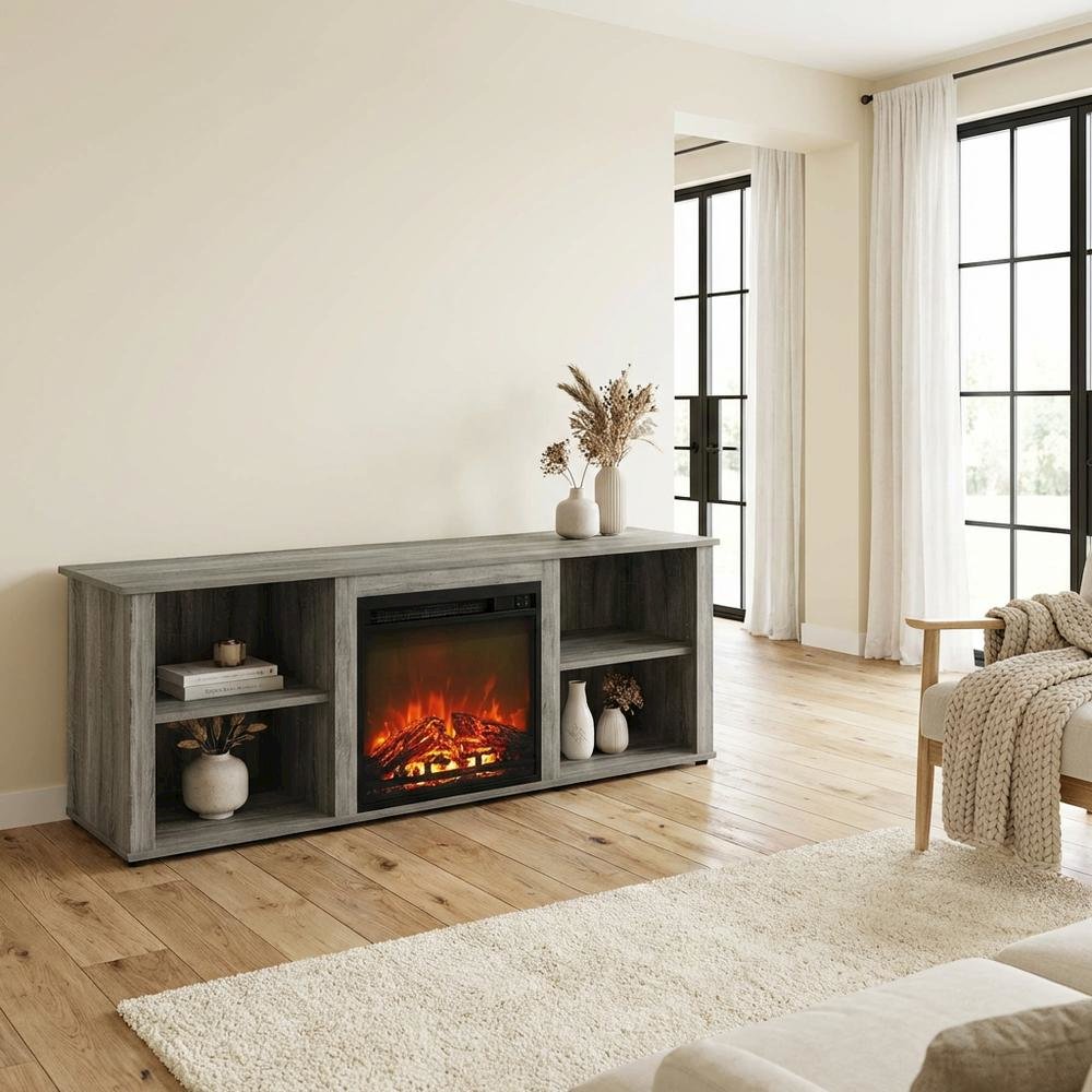Wood TV Stand with Fireplace and French Oak Grey Finish, Modern Design
